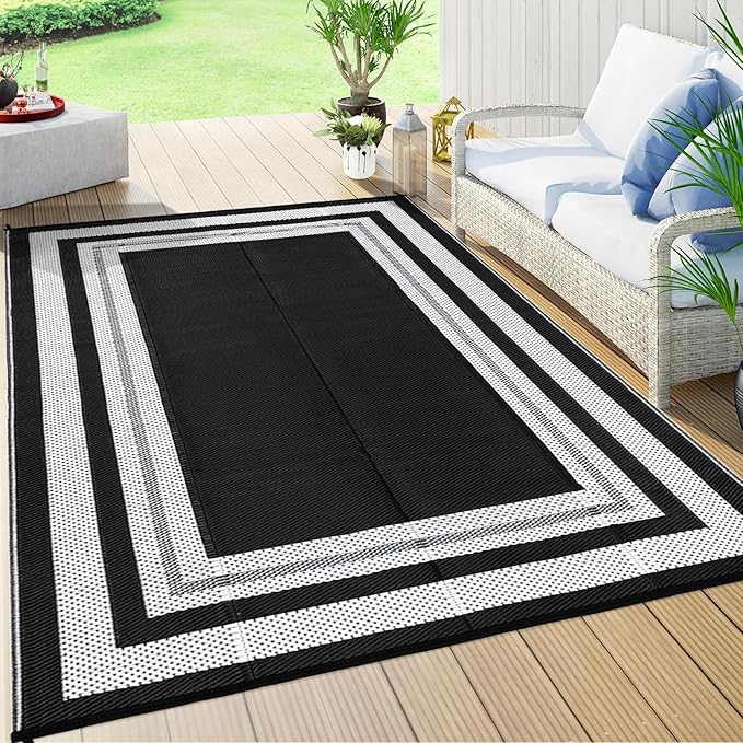 Patio Modern Border Outdoor Rug 10x14 Waterproof Large Reversible Camping Mat Foldable Lightweight Plastic Straw Outdoor Rug for Deck, Picnic, Porch, Camper, Balcony, Beach, Rv，Black/White