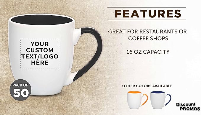 Custom Bistro Style Large Coffee Mugs 16 oz. Set of 50, Personalized Bulk Pack - Perfect for Coffee, Tea, Espresso, Hot Cocoa, Other Beverages - Black