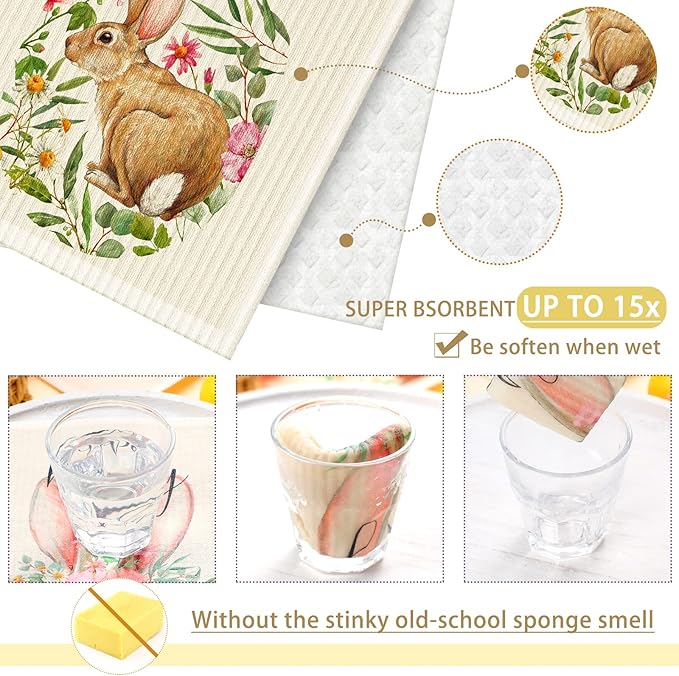 CHENGU 6 Pcs Swedish Kitchen Dishcloths, Absorbent Dish Towels, Reusable Sponge Cleaning Dish Cloths, Fast Drying, Washable Decorative Tea Towels, No Odor Bar Hand Towel (Easter)