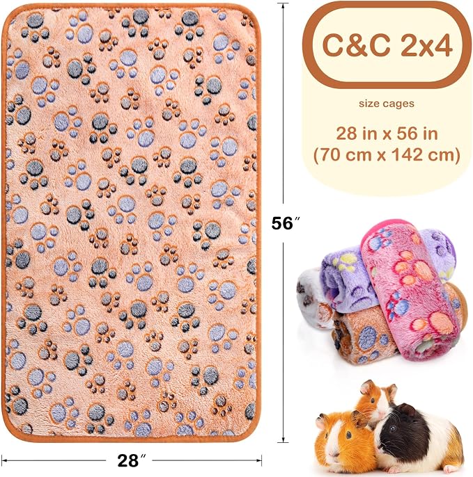 Reginary 4 Pcs Guinea Pig Fleece Blankets, Paw Print, 28 x 56 Inch | Waterproof Washable Cage Liners, Absorbent Double Layer Bedding for Guinea Pigs, Reusable Pads for Hamsters Rabbits