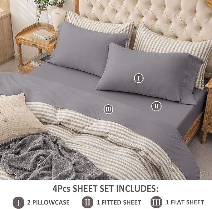 PURE ERA Jersey Knit 4pc Bed Sheet Set 100% T-Shirt Cotton Super Soft Comfy Breathable Fits Mattress Up to 20" Extra Deep Pocket (Solid Grey Purple, King)