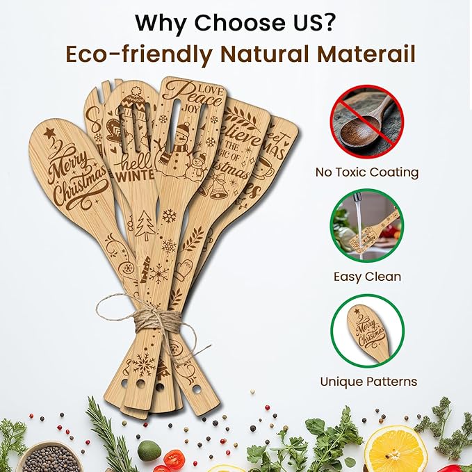 CUTHOLLOW 6PCS Christmas Greeting Wooden Kitchen Cooking Utensil Set, 11.9in Non Toxic Bamboo Wood Spoon Set for Cooking, Best Housewarming Birthday Thanksgiving Christmas Gift for Women Mother