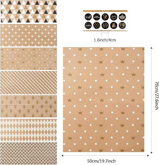MAMUNU Gift Wrapping Paper Set, 8 Sheets Brown Wrapping Paper for Birthday Graduation and All Occasions, Gift Wrap Paper Set for Men Women, 20x28 Inch