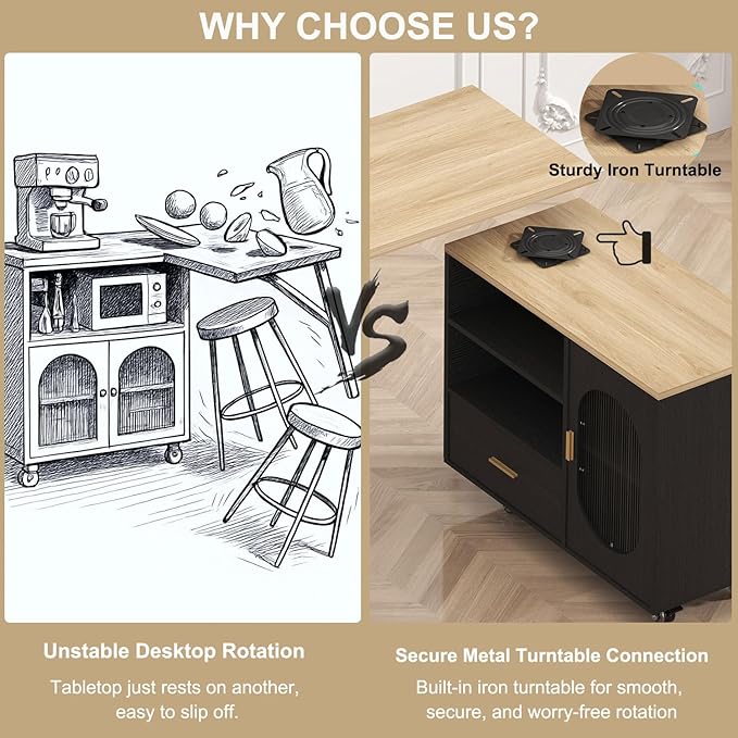 HSH 72" Rolling Kitchen Island with Seating, 360° Swivel Table, Kitchen Island with Storage Cabinet, Drawer & Shelves, Farmhouse Mobile Island Cart on Wheels for Dining Room & Home Bar, Black Oak