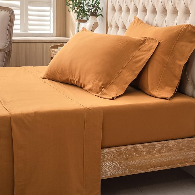 PURE ERA Jersey Knit 4pc Bed Sheet Set 100% T-Shirt Heather Cotton Super Soft Comfy Breathable Fits Mattress Up to 20" Extra Deep Pocket (Solid Burnt Orange, King)