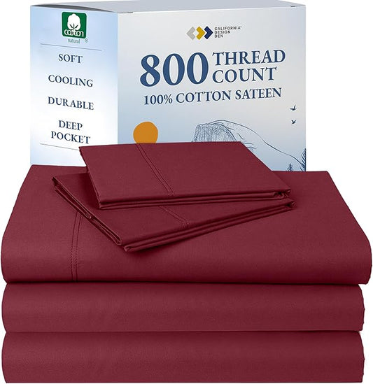 California Design Den Split King Sheets Set - Luxury Hotel 800 Thread Count Sateen, Soft and Natural 100% Cotton Sheets, Deep Pockets for a Snug Fit, Durable Bedding Set - Red Wine