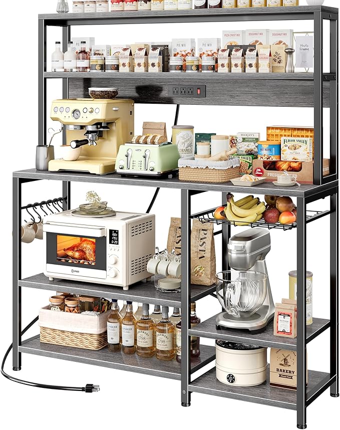 SUPERJARE Bakers Rack with Power Outlet, 47.2 Inches Coffee Bar with 3 Level-Adjustable Open Shelves, Wire Basket, Kitchen Microwave Stand with 6 S-Shaped Hooks, Grey