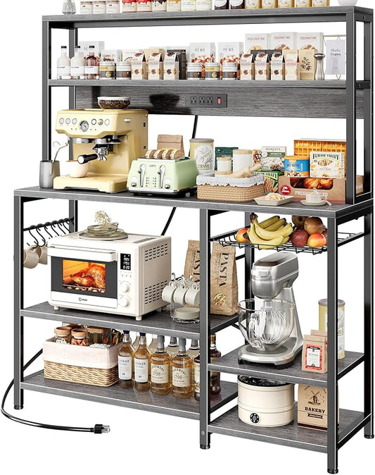 SUPERJARE Bakers Rack with Power Outlet, 47.2 Inches Coffee Bar with 3 Level-Adjustable Open Shelves, Wire Basket, Kitchen Microwave Stand with 6 S-Shaped Hooks, Grey
