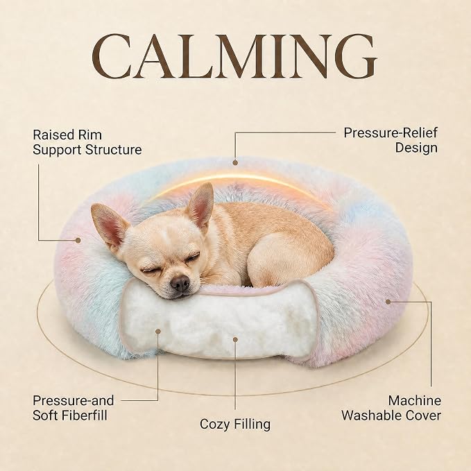 Tiny Dog Bed for Extra Small Dogs for Chihuahua Pomeranian Toy Poodle | 15 Inch Washable Puppy Bed,Soft Faux Fur Calming Donut Bed,Rainbow