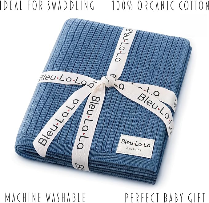 Organic Ribbed Swaddle Blanket for Boys & Girls - 100% Luxury Organic Soft Cotton Knit Warm Cozy Cuddle Stroller Blanket for Newborns, Infants, & Toddlers (Denim Blue)