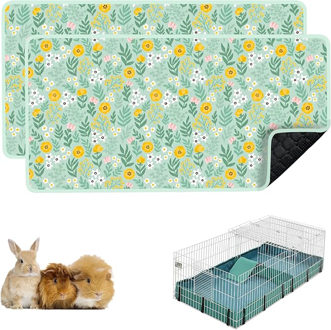 Guinea Pig Cage Liner, 49"x24" Bedding for Midwest Cage 2 Pack, Green | Washable Fleece Bedding, Super Absorbent, Non-Slip, Waterproof Rabbit Mat, Machine Washable, Small Animal Cage Accessory