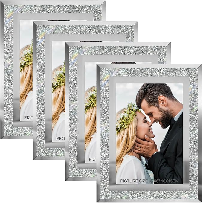 4x6 Picture Frames Silver - Set of 4, Sparkle Real Glass 4 by 6 Photo Frame Mirrored Edge Great Gift, for Tabletop Display, Wedding Birthday Christmas Day Gifts (4 x 6, Glitter Silver)