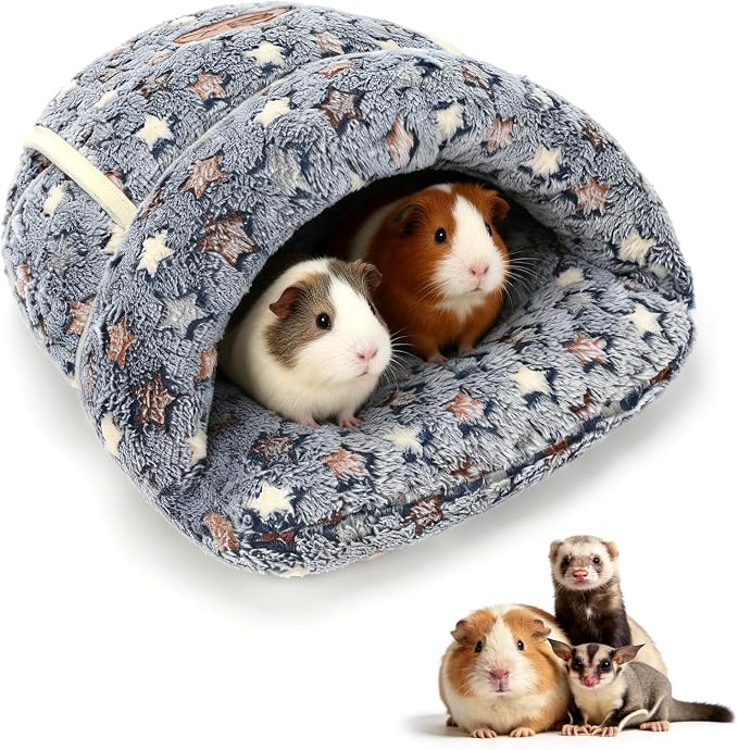 YUEPET Guinea Pig Bed, Warm Fleece Slipper Cuddle Cave, Grey Star | Cozy Guinea Pig House, Portable Guinea Pig Hideout, Soft Coral Fleece, Washable Cushion, Folds Flat
