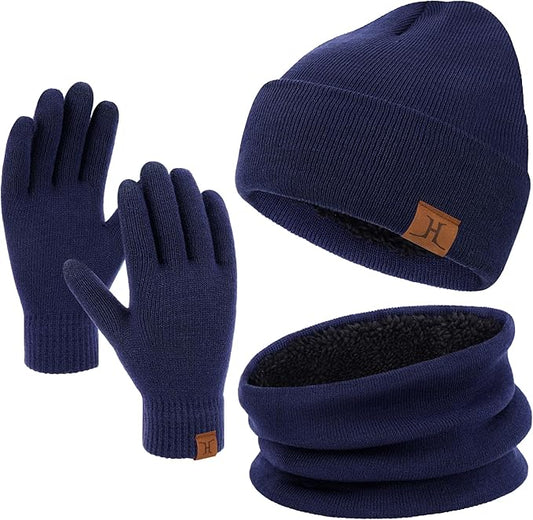 Winter Beanie Hat Scarf Touchscreen Gloves Set for Men and Women, Beanie Gloves Neck Warmer Set with Warm Knit Fleece Lined