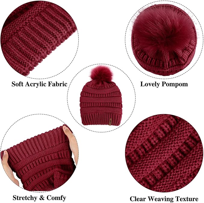 Aneco Womens Winter Warm Sets Knitted Fur Pompoms Beanie Hat Circle Loop Scarf Touch Screen Gloves Winter Favor Accessories