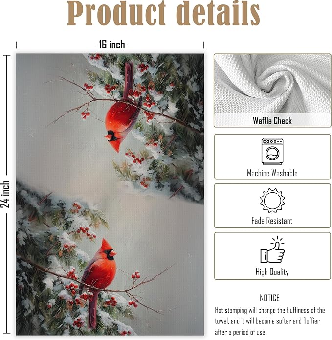 Winter Christmas Cardinal Snowy Woodland Kitchen Hand Towels,Red Bird Holly Berries Dish Towels for Kitchen Home,Vintage Rustic Winter Hand Towel Decorative Set for 2