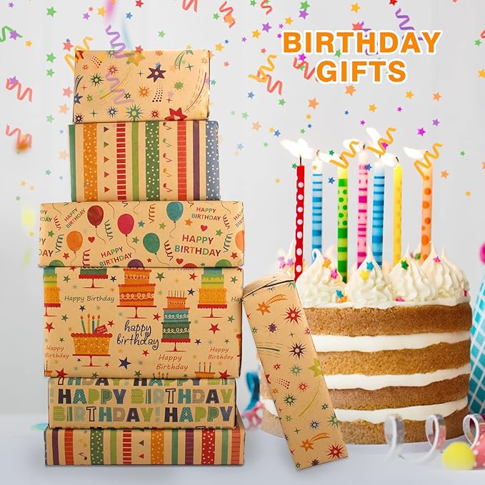 Recyclable Gift Wrap Set with Gift Tags & String - Birthday Wrap for Men, Women, Kids (6 Sheets, 28"Lx20"W per Sheet)