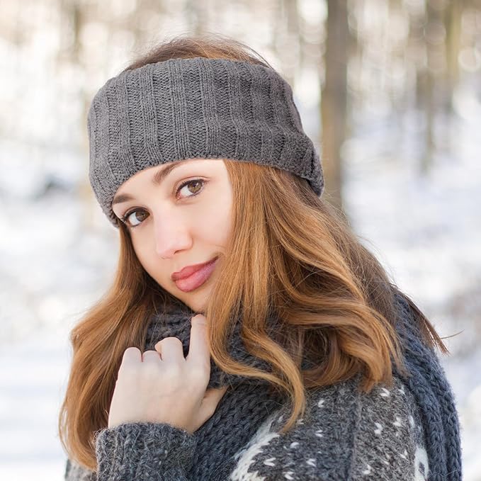 AQOKKA Knit Winter Headbands for Women Fuzzy Wool Fleece Lined Ear Warmers Elastic Turban Crocheted Head Wrap Winter Accessories for Women Cold Weather