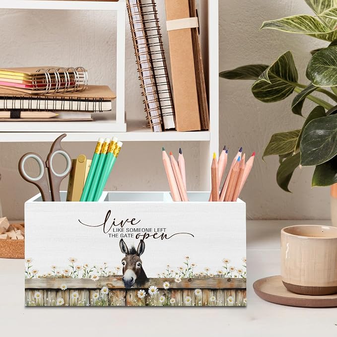 DILSJ Inspirational Donkey Pen Pencil Holder Organizer for Desk, Donkey Gifts for Women, Live Like Someone Left The Gate Open Wooden Box Signs for Home Office Desk Tabletop Decoration