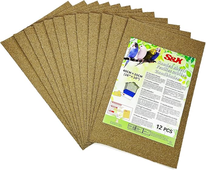 S&X Bird Cage Liners 16 x 10in, 12-Pack, Disposable Gravel Paper Sheets | Thick, flat gravel paper eases cage cleanup – gritty surface helps trim claws & beaks – pre-cut to fit common cage trays
