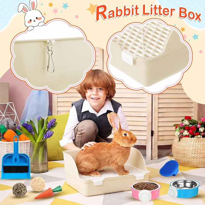 Reallnaive 15 Pcs Rabbit Starter Kit Small Rabbit Litter Box Girls Gift Animal Grooming Kit Bunny Toys Bowl Blankets with Cleaning Set for Guinea Pig Accessories(Beige)