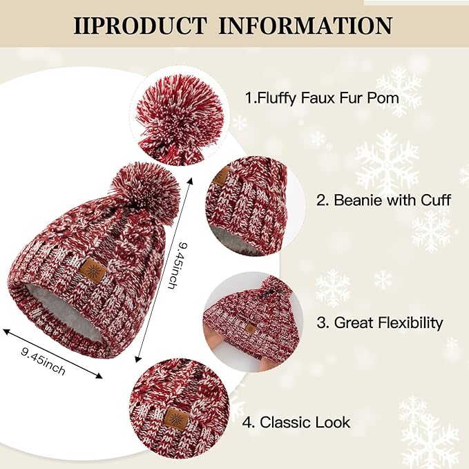 Tavaleu Womens Winter Beanie Hat Scarf Gloves Set, Pom Pom Beanie Warm Knit Scarf Touchscreen Gloves for Cold Weather