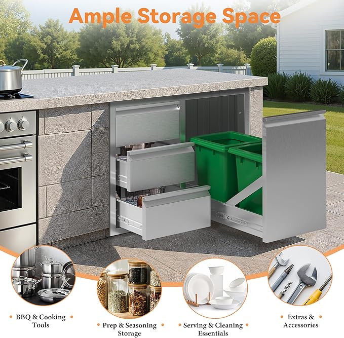 Jocisland 28" W×20" D×23" H Stainless Steel Outdoor Kitchen Drawers, Single Trash Drawer with Door & 3-Drawer Cabinet, Built-in BBQ Island Storage for Outdoor Kitchens