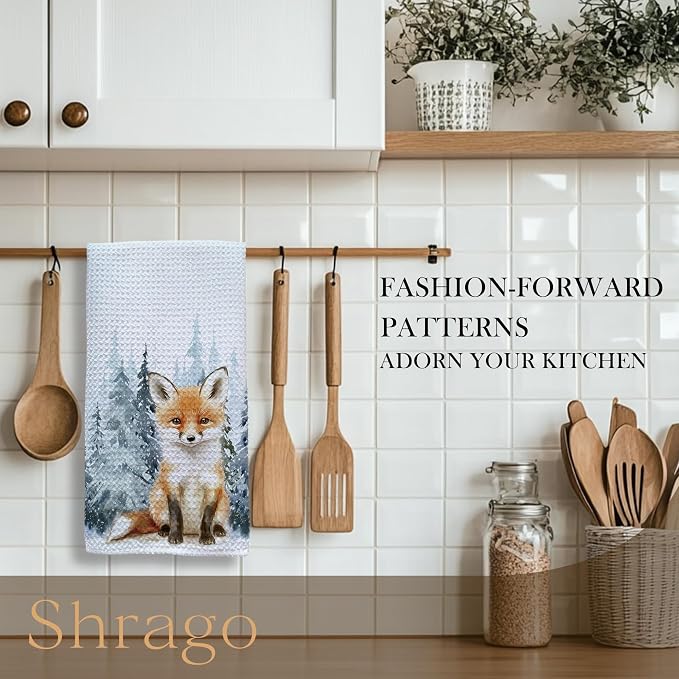 Winter Christmas Fox Kitchen Towels, Fox Gifts, Animal Lover Gifts Dish Tea Towels for Kitchen, Winter Pine Tree Forest Decorative Hand Towel for Kids Bathroom Decor, 16x24 Inch