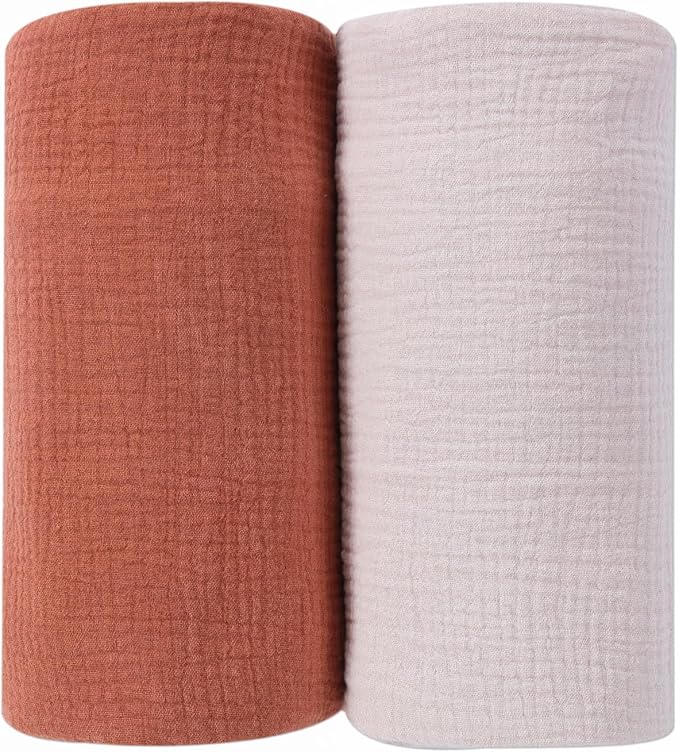 DaysU Muslin Baby Swaddle Blanket, Cotton Swaddling Blankets for Baby Boy and Girl, Nursery Skin-Friendly Baby Receiving Blanket for Newborns, Breathable Swaddle Wrap 2 Pack, 47”x47”-Brown+Lilac Ash