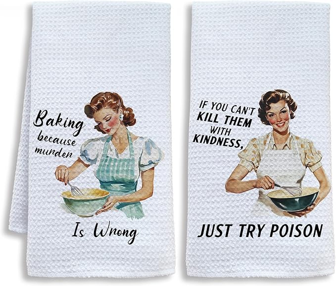 Funny Retro Baking Kitchen Towels, Gifts for Baking Lovers Dish Tea Towels for Kitchen, Hostess Gifts for Women, Sarcastic Gift Decorative Hand Towel, 16x24 Inch Set of 2