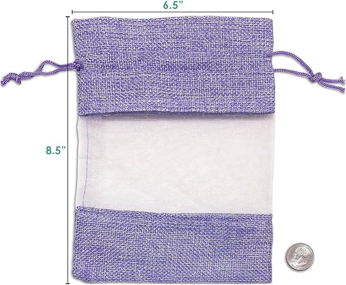 12-Pack Large Linen Burlap & Organza Gift Bags w. Drawstrings (6.5x8.5 in, Lavender) - Party Favors, Presents, Samples & Treats Mesh Pouch by The Display Guys
