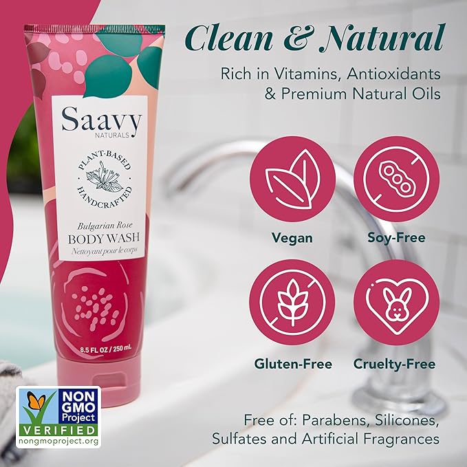 Saavy Naturals Bulgarian Rose Body Wash, Moisturizing Shower Gel for Men & Women, Vegan Formula with Coconut Oil, Shea Butter, and Aloe Vera - 8.5 Fl Oz Made in the USA