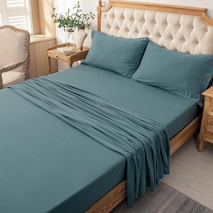 PURE ERA Jersey Knit 4pc Bed Sheet Set 100% T-Shirt Cotton Super Soft Comfy Breathable Fits Mattress Up to 20" Extra Deep Pocket (Solid Cerulean Blue, Cal King)