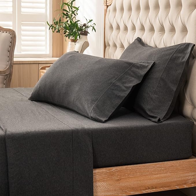 PURE ERA Jersey Knit 4pc Bed Sheet Set 100% T-Shirt Heather Cotton Super Soft Comfy Breathable Fits Mattress Up to 20" Extra Deep Pocket (Charcoal Dark Grey, King)