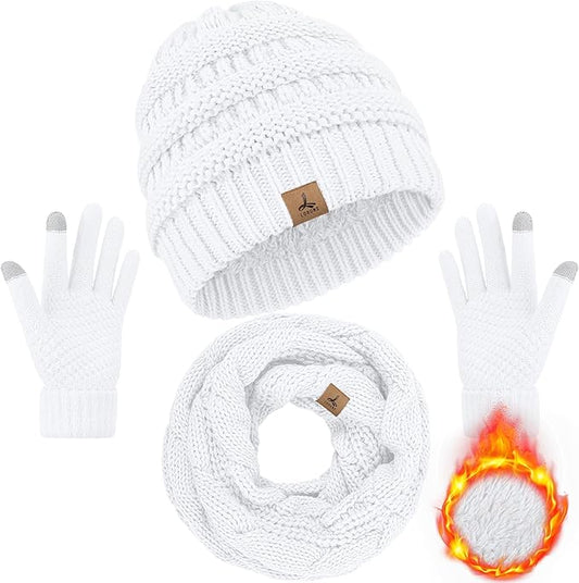 Winter Beanie Hat Scarf Gloves, Warm Fleece Knit Hats Touch Screen Gloves Neck Scarf Set Winter Gifts for Unisex Adult