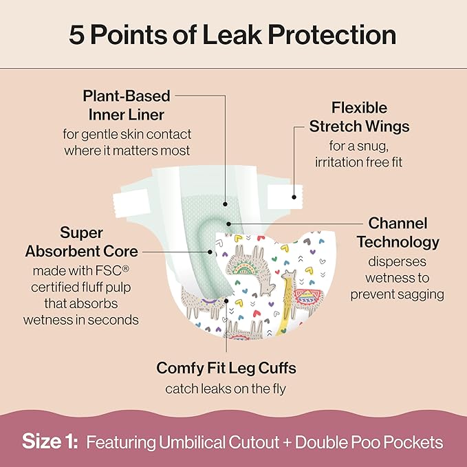 The Honest Company Clean Conscious Diapers for Delicate Skin Up to 100% Leakproof Hypoallergenic Fragrance-Free Baby Gender Neutral Prints Club Box Size 1 (8-14 lbs) 78 Count