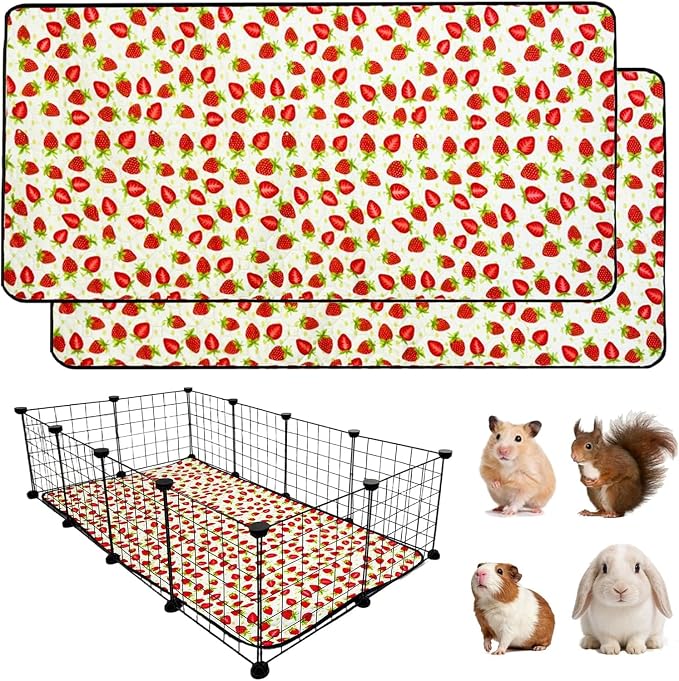 2 Pack Guinea Pig Cage Liners, 28"x 56" Washable Waterproof Bedding for Rabbit, Bunny, Hamster & Small Animals, Reusable Super Absorbent Pee Pads for C&C Cage, Strawberry Print