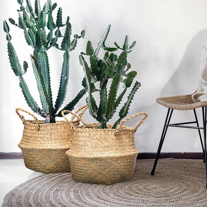 Qunclay 4 Pcs Woven Seagrass Baskets Belly Basket Folding Boho Natural Plant Pot with Handles Round Decorative Wicker Large Indoor Planter for Home Outdoor Tree Planters Decor (9 x 11 Inch)
