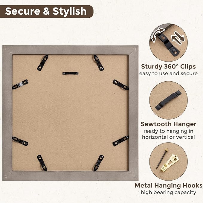 Fun Memories 12x12 Picture Frame, Square Photo Frame 12"x12" with Tempered Glass, 12 x 12 Frames with Mat for 8x8, Solid Elm Wood Photo Frame, 12x12 Rustic Picture Frame for Wall Decor, Grey, 1 Pack