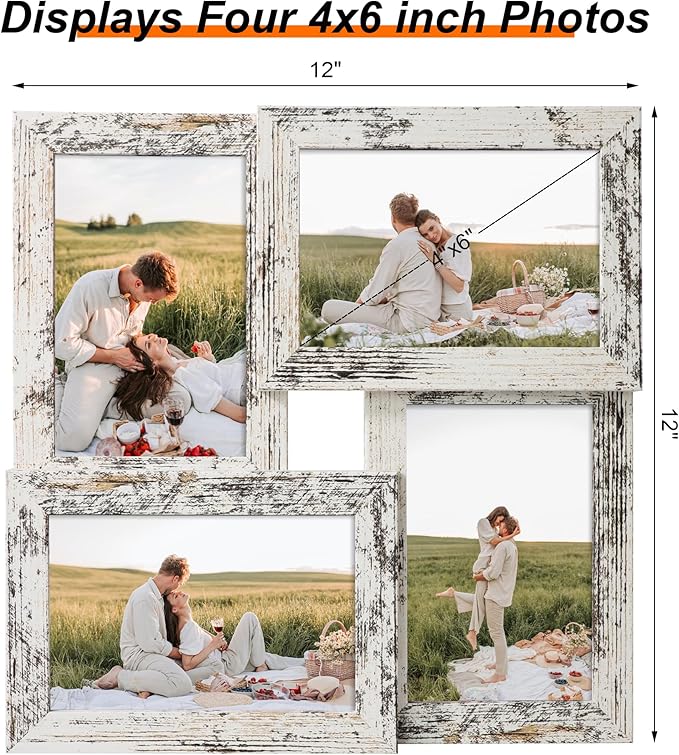 4x6 Collage Picture Frames Set of 1, Multi Family Photo Frame with Real Glass, Displays Four 4x6 Photo, Wall Decor Wall Hanging or Tabletop, Distressed White