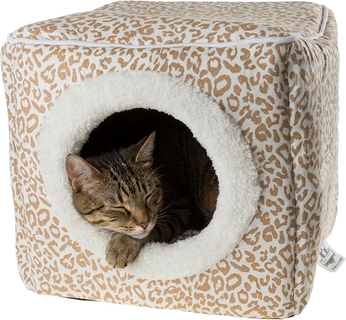 Cat House - Indoor Bed with Removable Foam Cushion - Cat Cave for Puppies, Rabbits, Guinea Pigs, and Other Small Animals by PETMAKER (Animal Print)