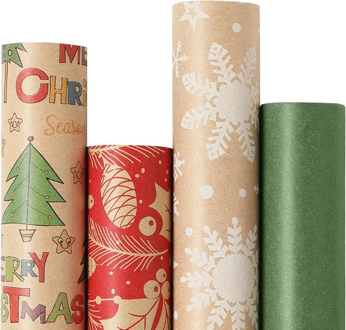 YANGTE Vintage Christmas Wrapping Paper Rolls, Brown Kraft Wrapping Paper Christmas Rolls with Red, Green and White Pattern, 4 Rolls Holiday Gift Wrapping Paper Rolls, 17in x 120in per Roll