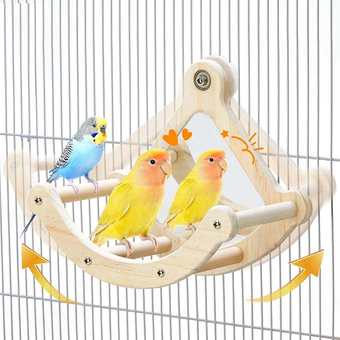 Rocking Bird Perch Toy with Mirror for Cage, Enrichment Parakeet Toys | Wood Exercise Wheel Cockatiel Toys, Birds Enrichment Toy for Parrot, Interactive Cage Accessories Perch for Budgie Conure