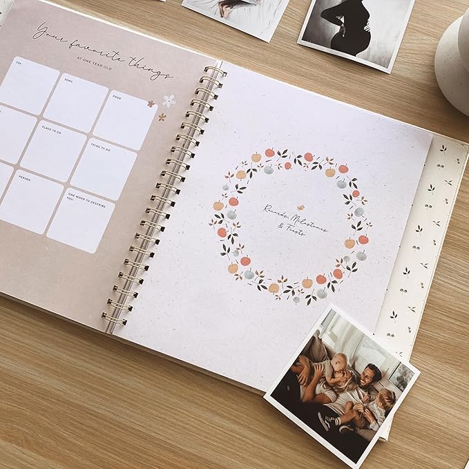 Peachly Baby Memory Book | Baby Book First Year Baby Book Keepsake for Milestones | Simple Cute Baby Scrapbook | Baby Books for Girl | Natural Linen - Clementine