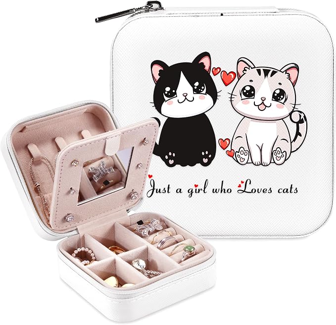 Cat Jewelry Box, Gifts For Women Teens Girls, Cat Lovers Stuff Items Accessories Things Merchandise Decor Merch, Travel Ring Earrings Necklace Organizer Holder!
