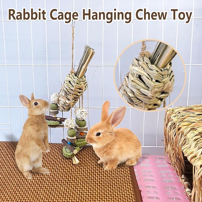 Rabbit Chew Toy, Bunny Cage Hanging Chew Toy & Treats,Natural Material Handwoven Chinchilla Treats Toys for Guinea Pigs Hamsters Rats and Other Small Pets Teeth Grinding