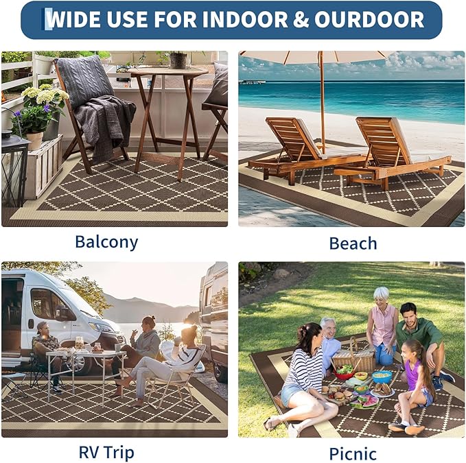 Waterproof Outdoor Rug 8x10 Reversible Plastic Straw Rug Modern Geometric Large Floor Carpet Lightweight Foldable Camping Mat for Outdoors RV Patio Backyard Picnic Brown/Coffee