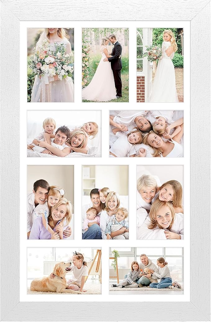 13x21 Picture Frame Display 10 opening 4X6 Picture Frame Collage,Multi Photo Frame with Mat,Plexiglass,Wall Mount Decor,Distressed White Wood Grain