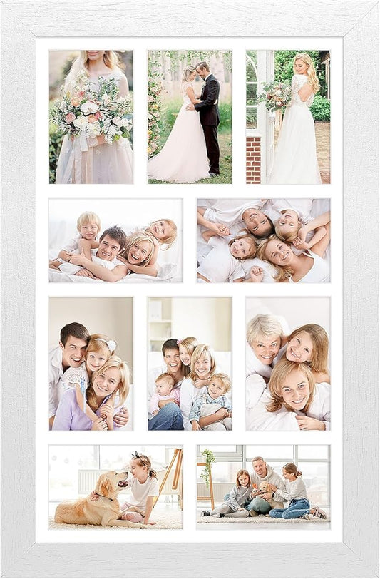 13x21 Picture Frame Display 10 opening 4X6 Picture Frame Collage,Multi Photo Frame with Mat,Plexiglass,Wall Mount Decor,Distressed White Wood Grain