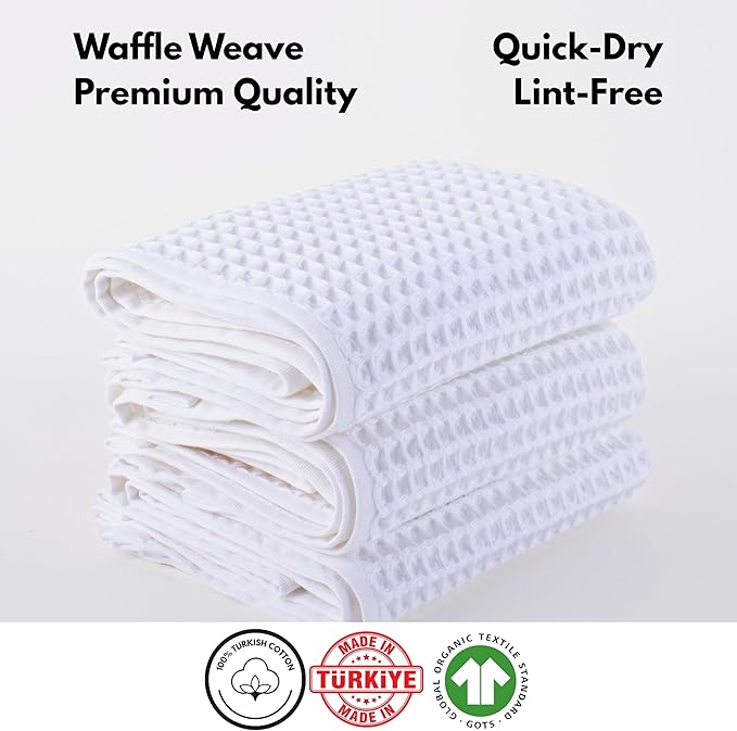 PÜSKÜL - Set of 3 Organic Waffle Hand Towel White - Premium Quality, 100% Turkish Cotton, Soft, Quick-Dry, Absorbent, Lint-Free Face Kitchen Hand Towels (White, Hand Towels - Pack of 3)